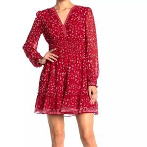 NEW Designer Max Studio V-neck Smocked Dress Floral Print Red Long Sleeve L $150